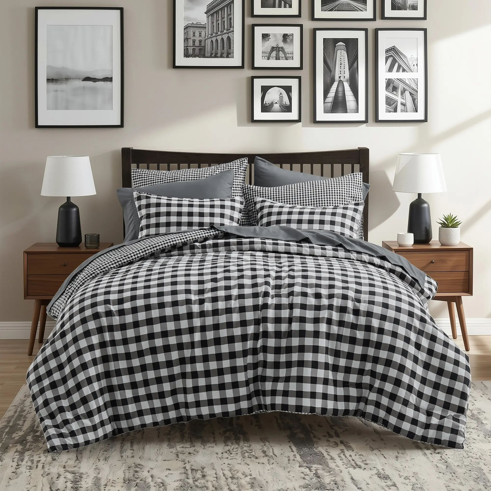 Reversible Check Plaid Microfiber Comforter Set, Vintage Gingham Bedding, All Season Bed In A Bag