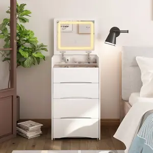 Hitow Makeup Vanity Desk with Lighted Flip-up Mirror 18.3" Wide Dressing Table with 3 Drawers Shelves & Cushioned Stool White Led Sensor Button Storage