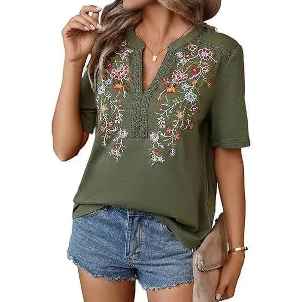 Women's Tunic Top, Mexican Floral Embroidered V-Neck Boho Blouse with Lace Trim, Ready to Wear Western Style for Going Out & OOTD Ideas, Shirts, Tee, Blouse Top, Casual, Blouses Shirts Tops