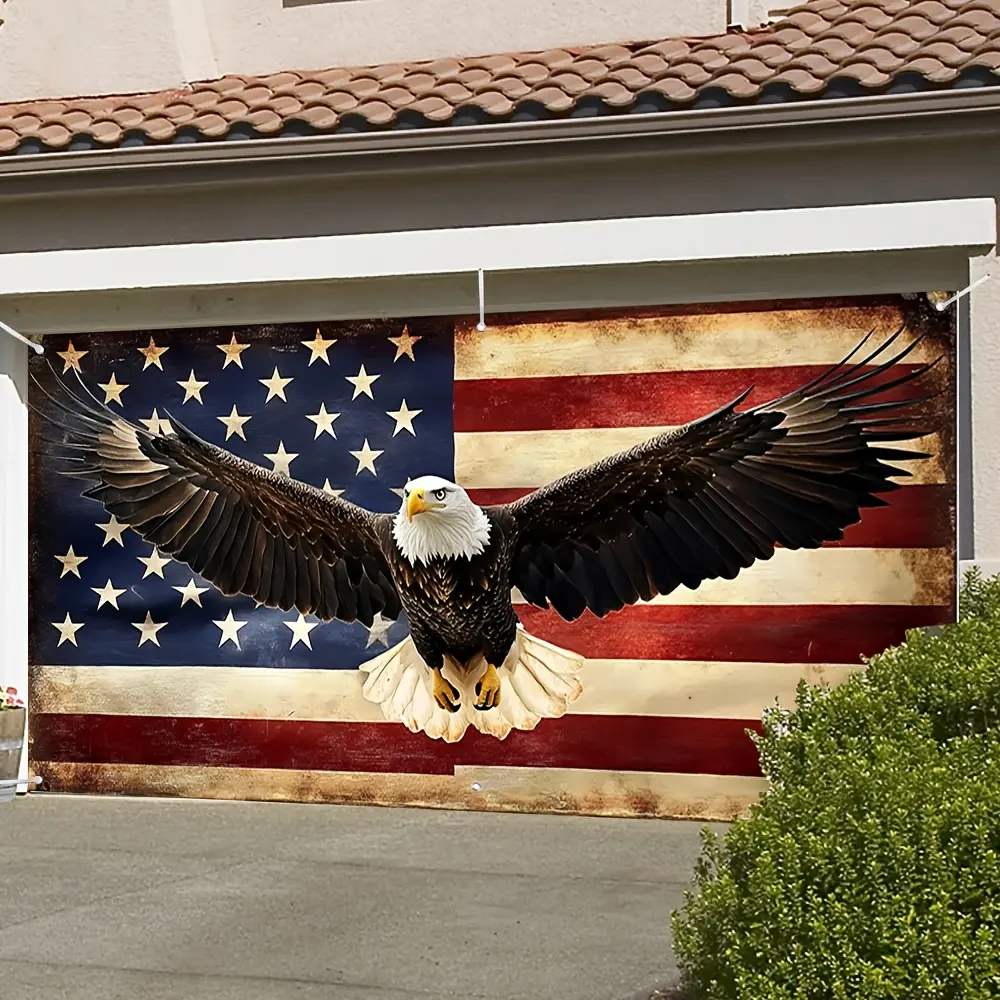Patriotic American Flag Garage Door Cover Tapestry - Synthetic Durable Polyester 2D Flat Print Home Decor, Easy-Hang for Independence Day Outdoor Events