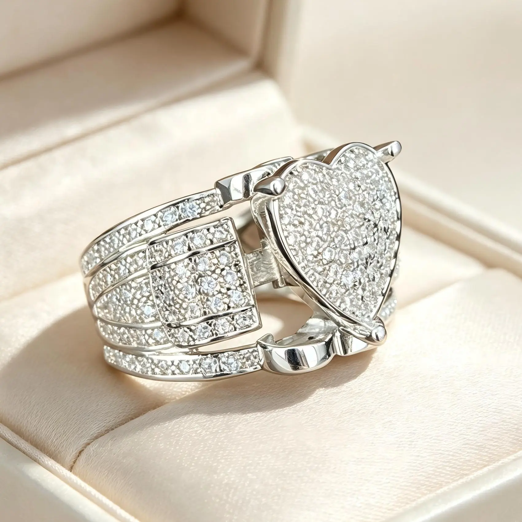 Pave Heart Shaped Ring Set for Women, 2-Piece Stackable Multi-Row Wide Band, Romantic Bridal Statement Jewelry, Anniversary Gifts for Her