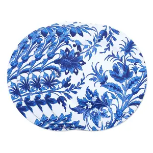 212 MAIN 14 in. Round Indigo French Floral Print Decorative Charger Dinner Plates - Set of 4, Colorful Swirling Flowers Design