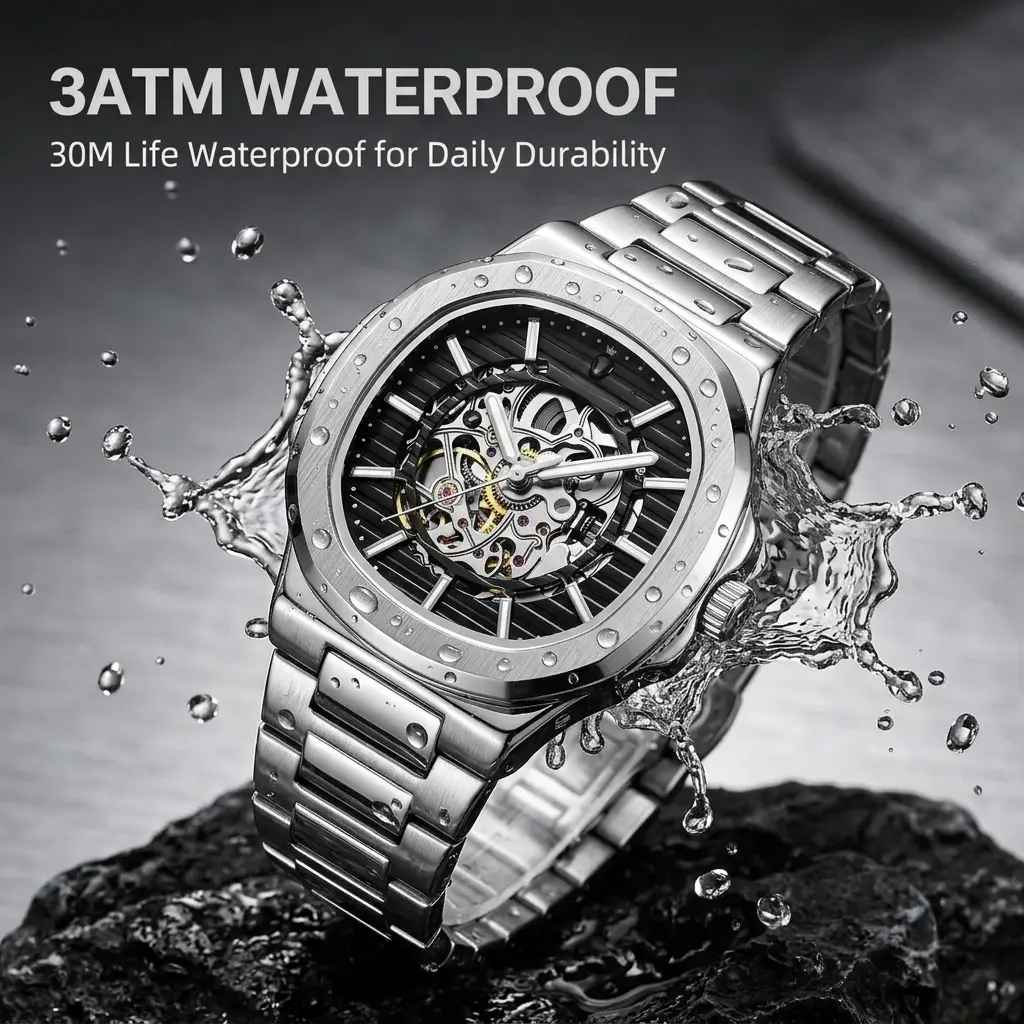 2#Men's Fashionable Stylish Round Skeleton Watch - Stainless Steel Band, Automatic Mechanical Movement, Business & Casual Style, Fashionable Stylish Watch