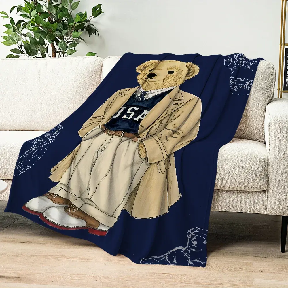 Plush Texture Flannel Cartoon Print Blanket with B-Bears & P-P-PoloS Design, Cozy Setup Unisex All-Seasons Throw for Living Room Decorations, Home & Travel (Textiles & Soft Furnishings, Bedding Linens)