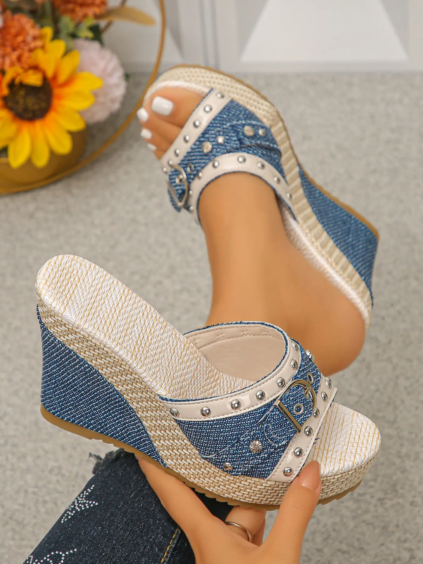 Women's Summer Chunky Heel Sandals, Fashion Stylish Sport Punk Rivet Wedge Colorblock Thick Sole Shoes, Party Festival Special Occasion Footwear, Fashionable Wedge Shoes