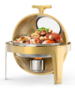 GAOMON 6QT Roll Top Chafing Dish Buffet Set, Round Stainless Steel Buffet Servers and Warmers, Catering Food Warmers with Glass Window for Catering, Parties, Banquet (Gold)