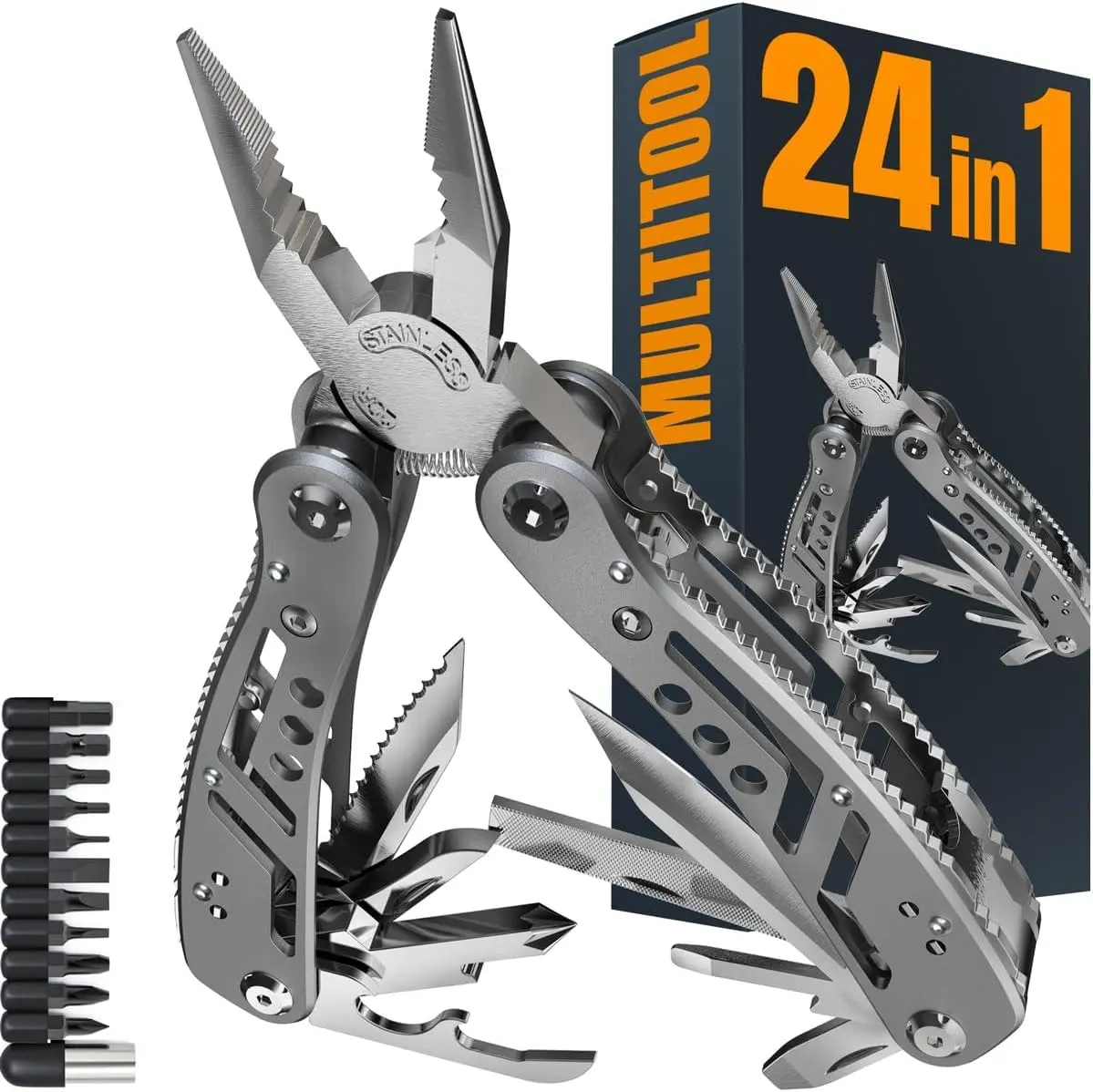 24-in-1 Stainless Steel Multitool with Pliers & 11 Bits - EDC Gear for Camping, Hiking - Ideal Gifts for Dad, Husband, Boyfriend, Pa, Brother, Marines, Cousin 2238, Uncle