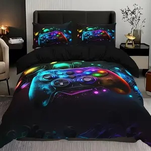 3 game controller pattern printed duvet covers, Bedroom bedding set, Decorative duvet cover, made of soft polyester fiber fabric, machine washable, suitable for all seasons, 1 duvet cover+2 pillowcases, coreless, suitable for home decoration