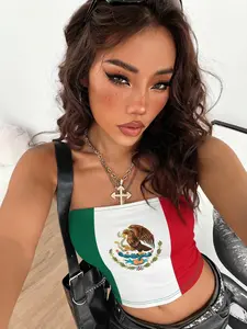 Mexico Flag Print Strapless Tube Top, Retro Y2K Streetwear Vibe, Casual, Elastic, Form-fitting bustier with green-white-red design and national emblem, Stretchy fabric hugs curves for sleek silhouette, perfect for summer festivals