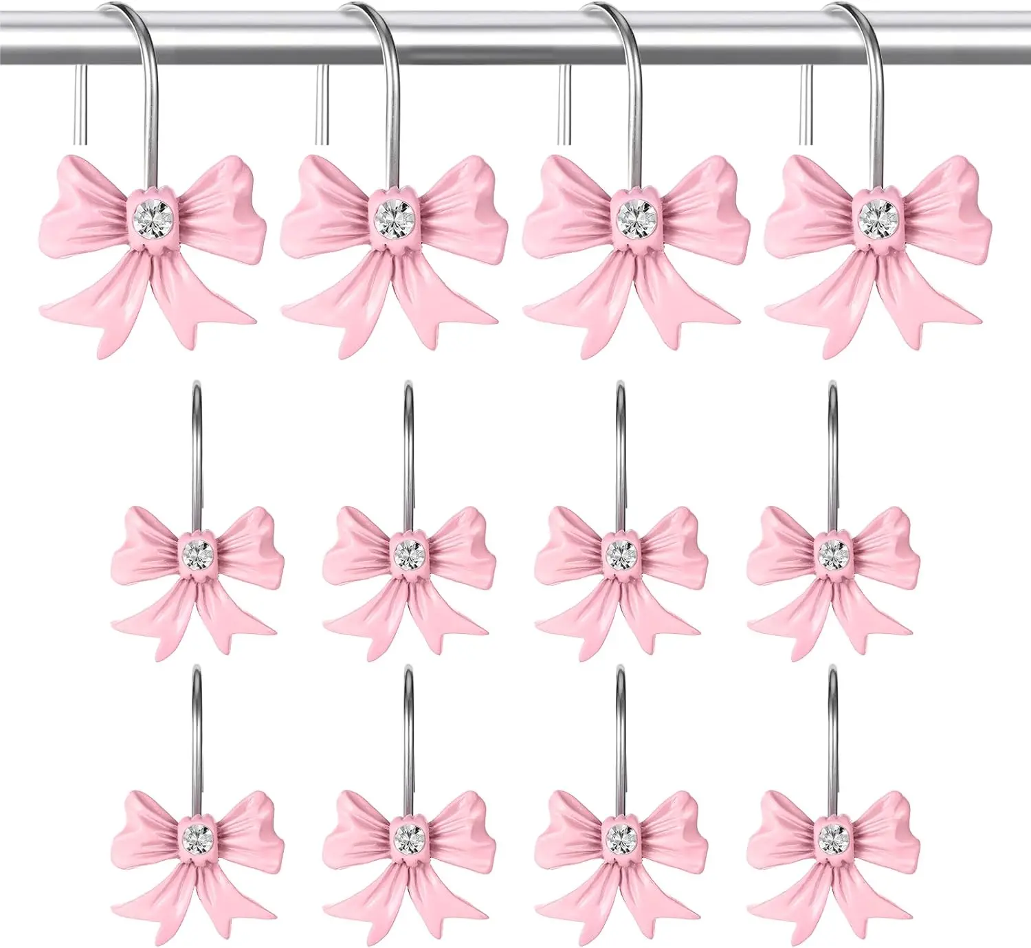 12 Pcs Decorative Bow Shower Curtain Hooks Set, Resin Pink Metal Hanging Hooks with Rustproof Stainless Steel, Girly Room Accessories for Baby Girls’ Bathroom Decor, Vintage
