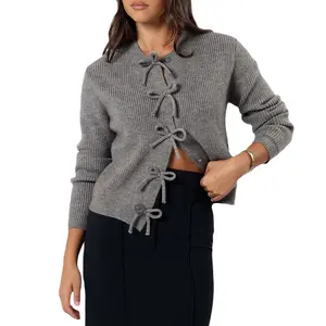 Women's Fitted Long-Sleeves Knitting Button-Down Cardigan, Cute Bow Front Warm Fall Top, Casual Streetwear Knitwear tiktokshopspringglowup