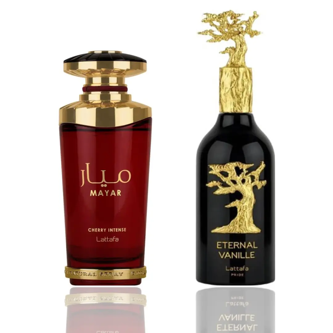 Lattafa Luxurious Cherry-Vanilla Unisex Fragrance 2-Piece Bundle Set - Eternal Vanille, Mayar Cherry Intense, Smooth Creamy, Aromatic, Candy-Flavored, Fruit-Based, Mood, Non-Toxic Wear, Aromatic Unisex Fragrance, Candy-Flavored Unisex Fragrance