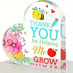 Heart Shaped Acrylic Plaque, Signs, Flower & Letter Pattern Thank You for Helping Me Grow Gift for Teacher, Appreciation Gift Birthday Gift for Professor Tutor Teachers Friends, Home Office Decoration, Desk Decor, Home Decor Products, Home Decor Gifts