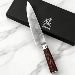 YUANREN Damascus Kitchen Knife: 8" 67-Layer AUS-10 Steel Blade with Premium Red Burl Handle. A Versatile and Portable Tool for Cooking & Camping. The Perfect Gift.