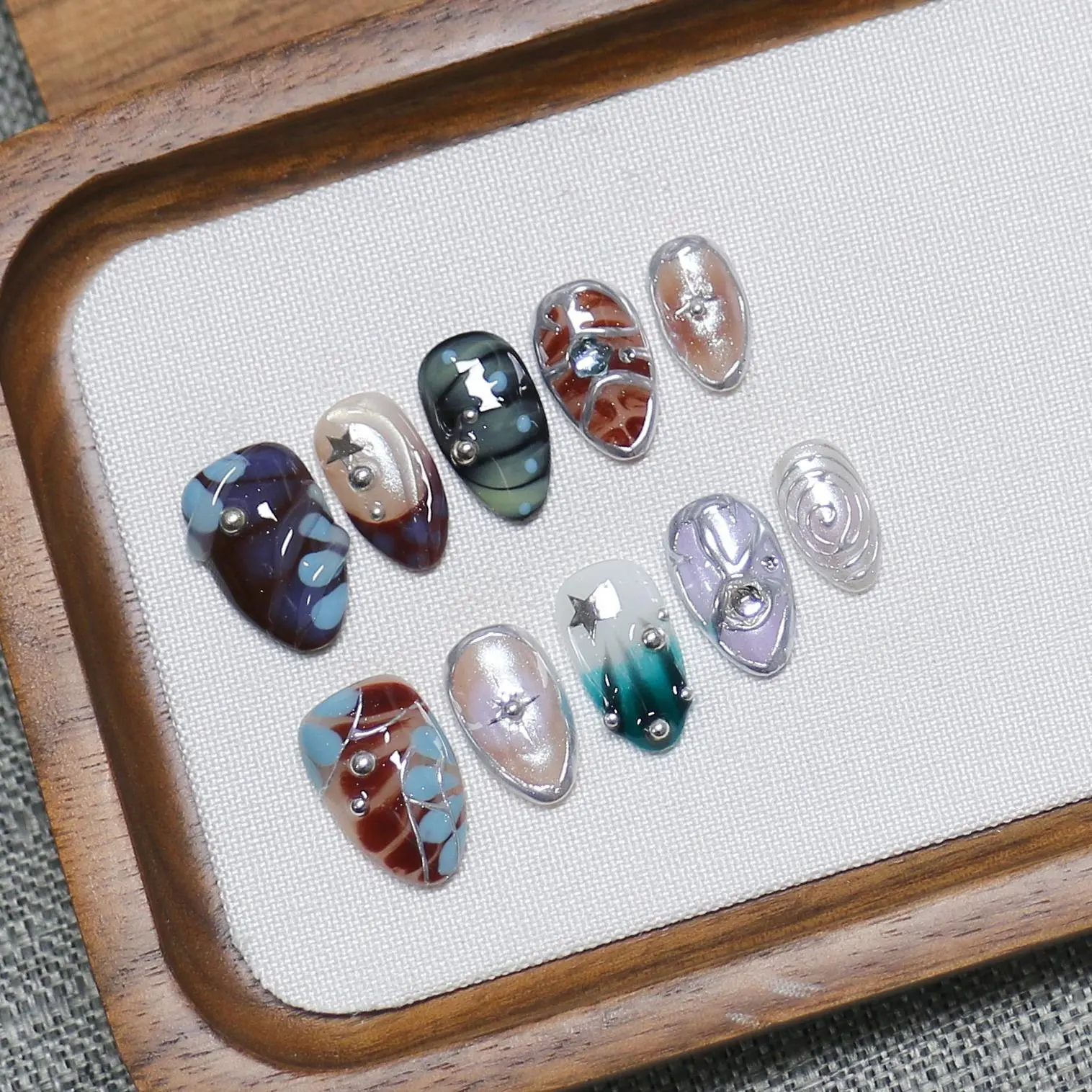 10pcs Starlight Illusion Handmade Nails S Stars Press on Nail Short Amond Full Coverage Nail Tips for Women&Girl False Nail