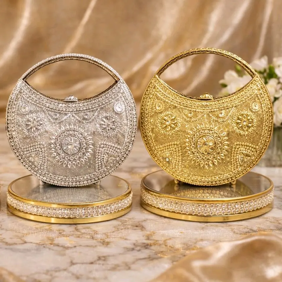 Luxurious Crescent Shaped Metal Handle Clutch with Stone Work - Elegant Design for Special Occasions