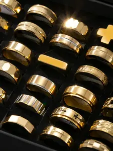 Random 24pcs Fashion Stainless Steel Men's Rings, Simple Hollow Design, Rotatable Stress Relief, Waterproof Non-Fading, Allergy-Free Gift Option, Random Set Rings