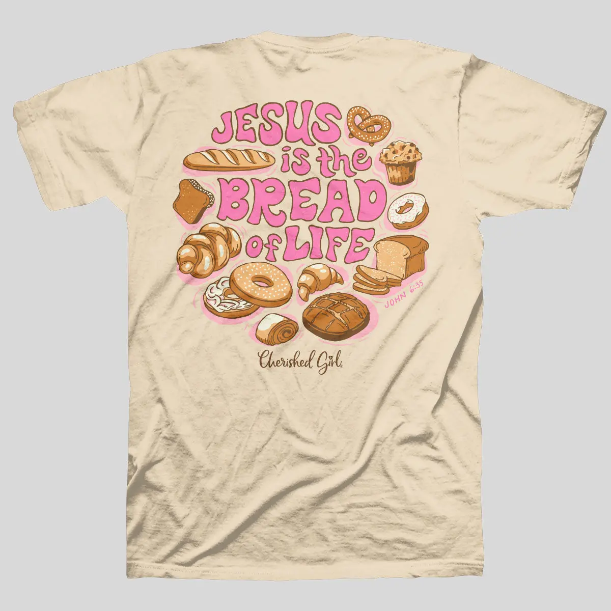 Women's T-Shirt with "Bread of Life" Graphic, 100% Cotton Casual Crewneck, Clothes with Taped Shoulders & Double-Needle Hem, Natural
