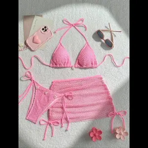 Three-piece Set Women's Plain Bikini Set, Casual Tie Back Swim Top & Tie Side Swim Bottom & Fishing Net Cover Up Swimsuit Set, Fashion Chic Swimwear Set for Beach Holiday Vacation, Bikini Top Trunks
