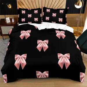 Black and pink bow pattern, soft bedspread set includes 1 quilt cover and 1 or 2 pillowcases, without cotton filling, perfect as a holiday or birthday gift