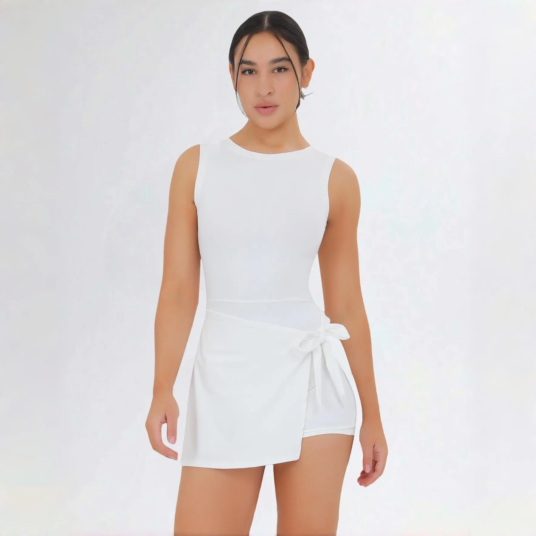 Women's Sleeveless U-Back Tennis Dress - Chic Sleek Casual Dress with Wrap Bow Waist, Skort Design, Built-in Shorts & Stretchy Fabric for Sports, Daily Wear, Chic Sleek Casual Dresses Womenswear White