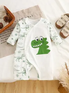 Baby Boys' Cute Cartoon Dinosaur Print Long Sleeve Romper, Comfortable Breathable Fitted Jumpsuit for All Seasons