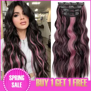 TOPHR HAIR Natural Black Pink Long Wavy synthetic hair extensions for Women & Girls - 4 Clips in Weft, Easy Install, Black Brown Curly Hairpieces for Daily Use & Events