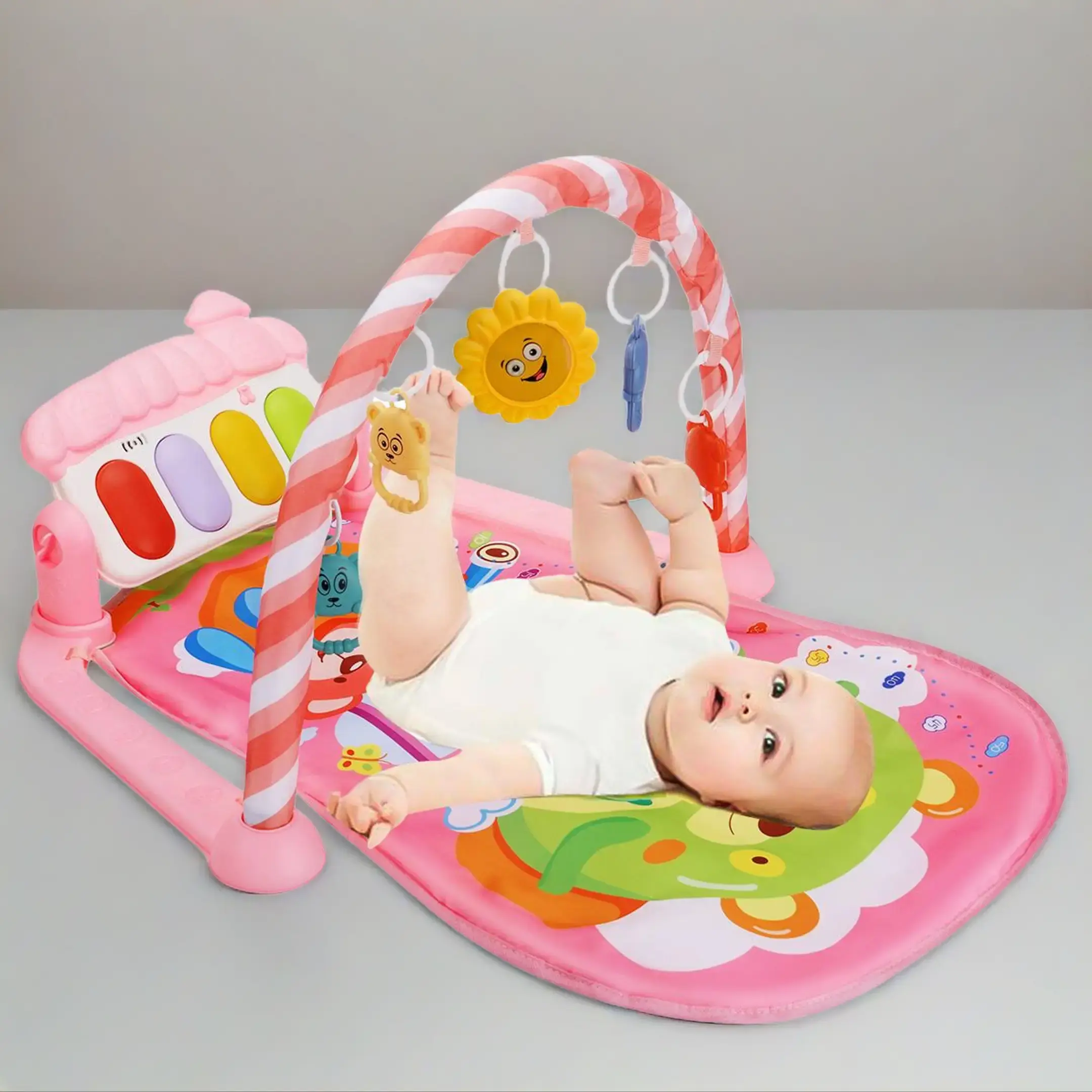 COMOMY Pink Baby Activity Gym Play Mat for 0-12 Months Infants, Machine-Washable Tummy Time Mat with Musical Light-Up Piano and 5 Hanging Rattles