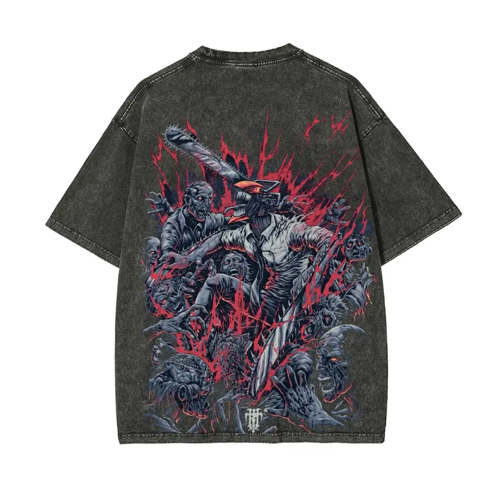 Chainsaw Man anime/cartoon washed T-shirt, double-sided washed pure cotton, unisex street style, 90‘s retro pattern, soft and distressed, a must-have for holidays.