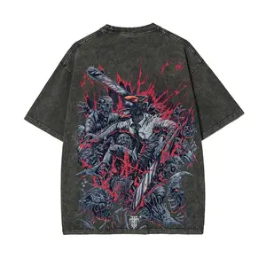 Chainsaw Man anime/cartoon washed T-shirt, double-sided washed pure cotton, unisex street style, 90‘s retro pattern, soft and distressed, a must-have for holidays.