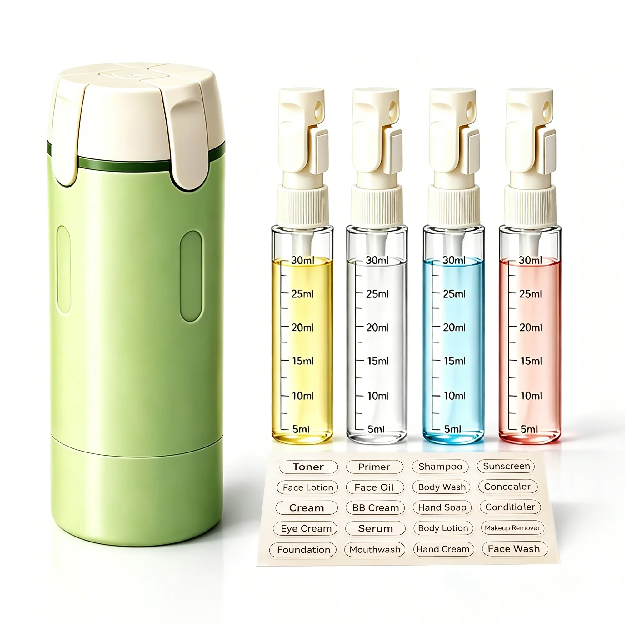 4-Chamber Travel Dispenser, Leak Proof Pump Bottle for Shampoo Conditioner Body Wash Lotion, Squeeze Free Toiletry Container, Compact Carry On, Portable for Cruise Gym Weekend, White/Green