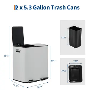 Garvee 40L Dual Compartment Stainless Steel Kitchen Trash Can (2 x 20L) with Soft-Close Lid, Collapsible Non-Slip Foot Pedal, Removable Inner Buckets, Waste Sorting Recycling Bin for Home