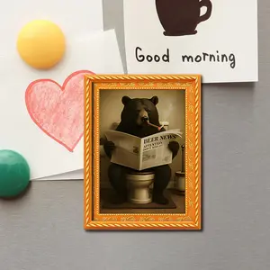 Funny Bear Reading Newspaper Refrigerator Magnet, Mini Photo Frame, Creative Wooden Craft, Fun Home Decor, Holiday Gift