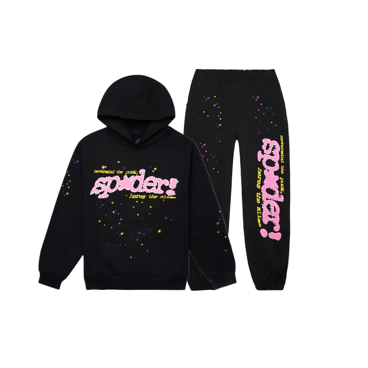 Sp5der Plack Hoodie Set, Y2K Graphic Print Tracksuit for Men and Women, Hip Hop Streetwear Pullover & Sweatpants Set, Trendy Urban Casual Matching Outfit