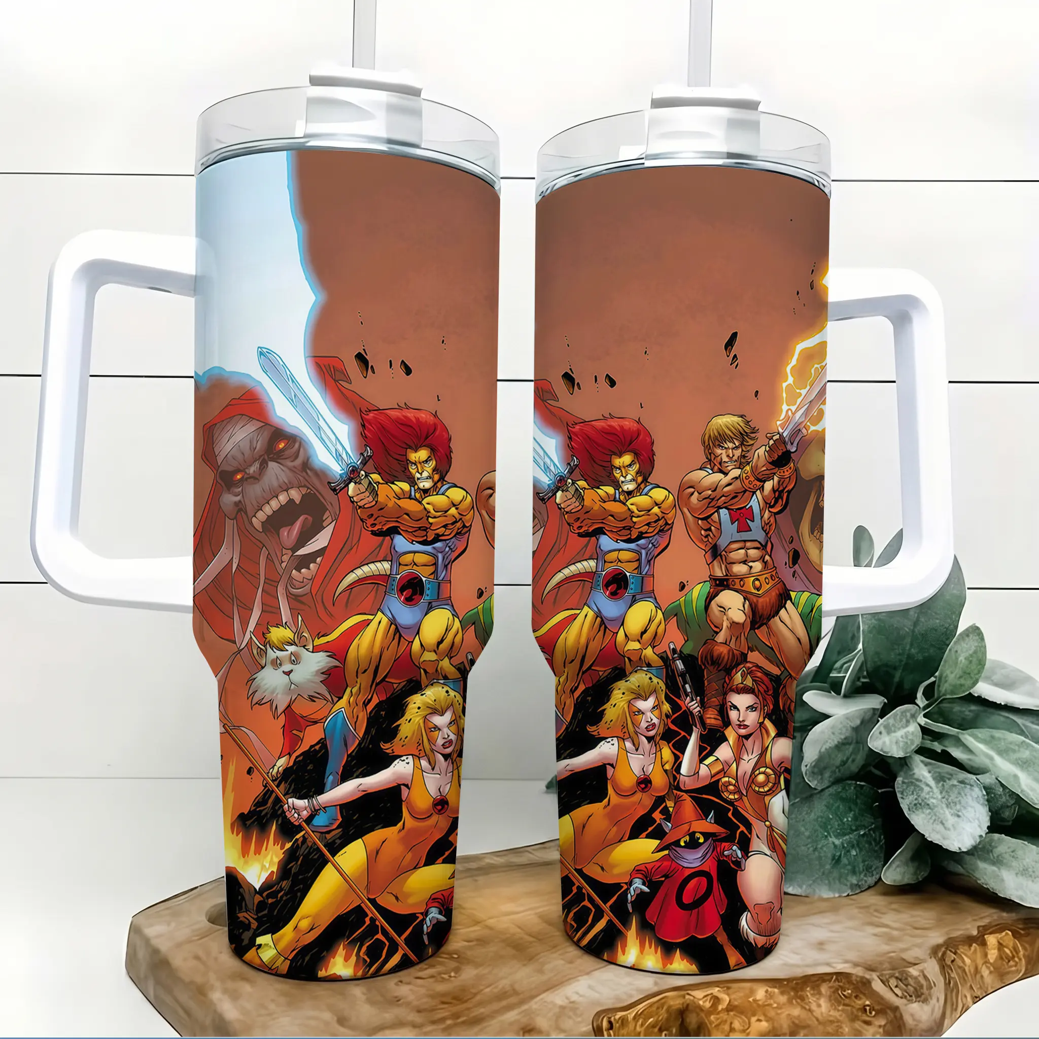 ThunderCats and He Man Inspired 40oz Insulated Tumbler with Handle and Straw Retro 80s Cartoon Hero Battle Lion Warrior Sword Fantasy Stainless Steel Water Bottle Travel Mug Birthday Gift for Men Cartoon Fans