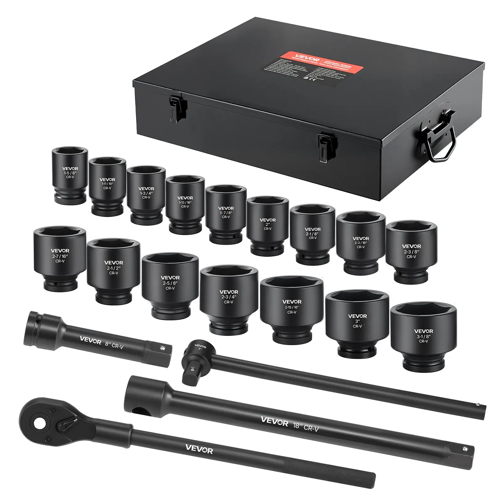 【Summerfinds】 High Torque Socket Wrench Set - 1-in Drive High Torque Tool, 21-Piece 6-Point Shallow SAE Impact Socket Set (1-5/8 in to 3-1/8 in), 8in & 18in Reach Extension Bars, 24in Ratchet, Cr-V Steel, Fast Size ID, Oil-Water Resist Coat, Carrying Case
