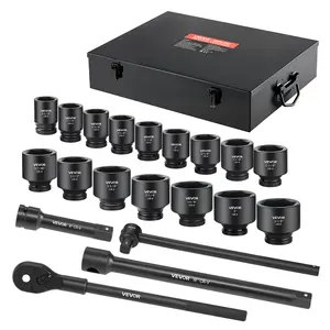VEVOR 1 in Drive Impact Socket Set, 21 Piece, 6 Point Shallow Impact Sockets, SAE (1-5/8 in to 3-1/8 in), with 8 in & 18 in Extension Bars, 24 in Ratchet, Cr-V Steel, Size Marking, and Carrying Case
