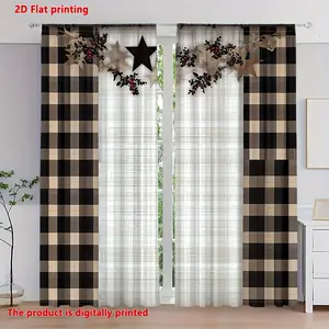 2Pc, 2D flat print, plaid star black and white plaid red berry Christmas curtains, pocket pole design, privacy protection, suitable for living room, kitchen, bedroom, study, hotel, restaurant, home decoration, suitable for Christmas gifts curtains