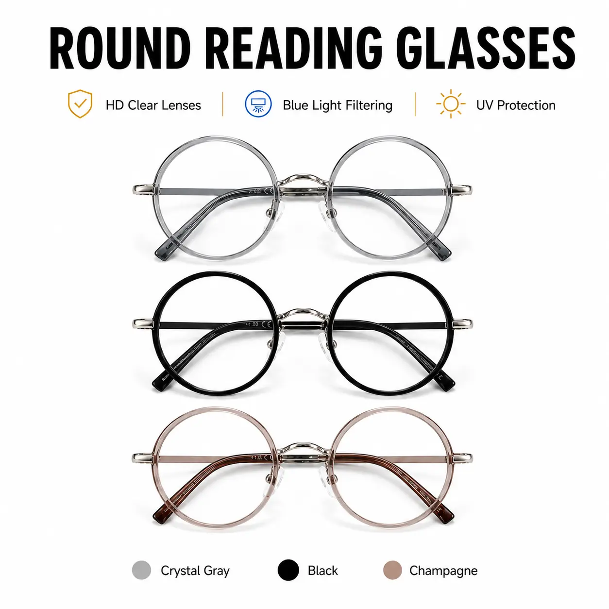 Round Blue Light Filtering Reading Glasses - HD Clear Lenses, Lightweight Metal Frame, UV Protection, 3-Color Options for Outdoor Use
