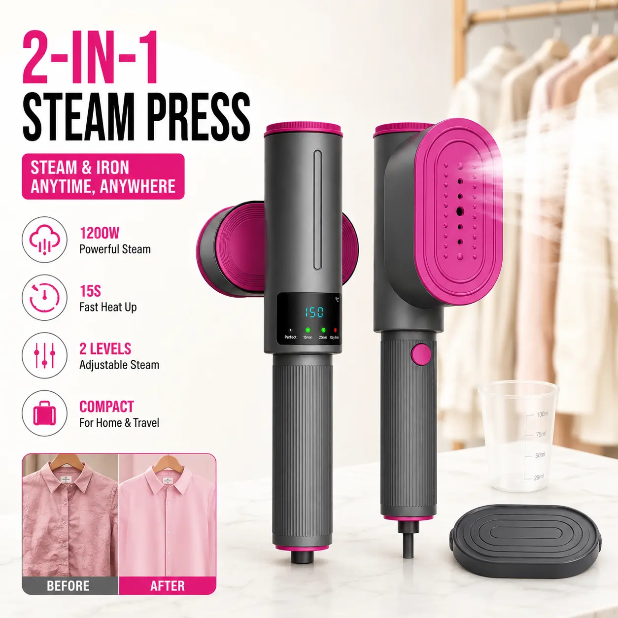 2-in-1 Dual Portable Steam Press - 1200W Input Adjustable Handheld Turbo Foldable Garment Steamer, Ceramic Sole, Large Panel, Fast Heating Compact Wrinkle Remover for Home, Travel, Dual Portable Steam Presses