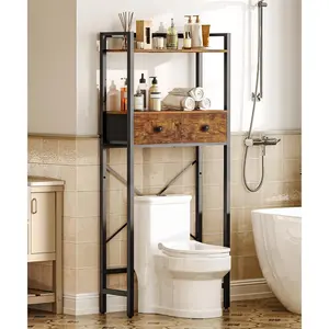 Over The Toilet Storage Rack with 2 Drawers, 3-Tier Bathroom Organizer Shelf Over Toilet, Freestanding Space Saver Bathroom Toilet Shelves Above Toilet for Room, Rustic Brown and Black