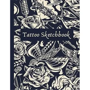America Tattoo Sketchbook 120 Large Blank Pages 8.5 x 11 with Dot Graph Paper Monochrome Blackout Cover Bird Rose Heart Motifs for Tattoo Artists