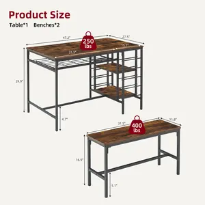 Garvee Dining Table Set for 4 People, Kitchen Table for 4 with 2 Benches, 3 Pieces, Dining Table Set for Small Apartments, Retro Brown