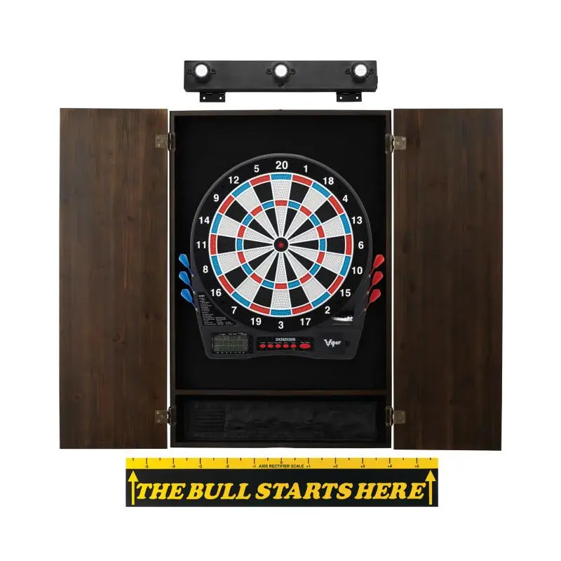 Metropolitan Espresso Pine Darts Board Cabinet Set, Electronic with 8-Player LCD Scoreboard, 32 Games, Light, and 6 Soft-Tip Darts, Rec Room, Classic, Unisex