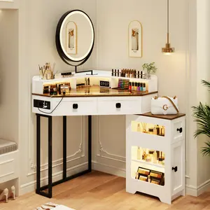 Dystler Corner Vanity with Mirror and Lights,Modern Makeup Vanity Set with Charging Station for Bedroom/Cloakroom,Glass Top Vanity Table with Drawers and Shelves