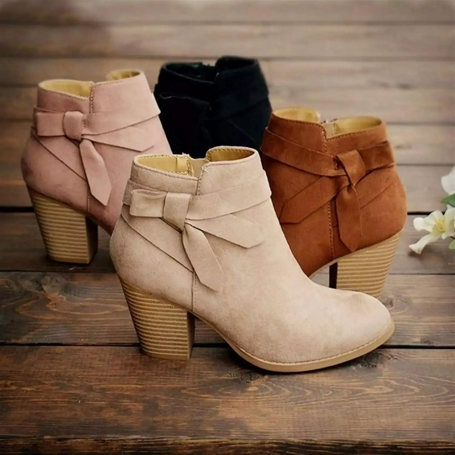 Coutgo Womens Tie Knot Chelsea Pump Ankle Boots Closed Toe Stacked Heel Booties Shoes