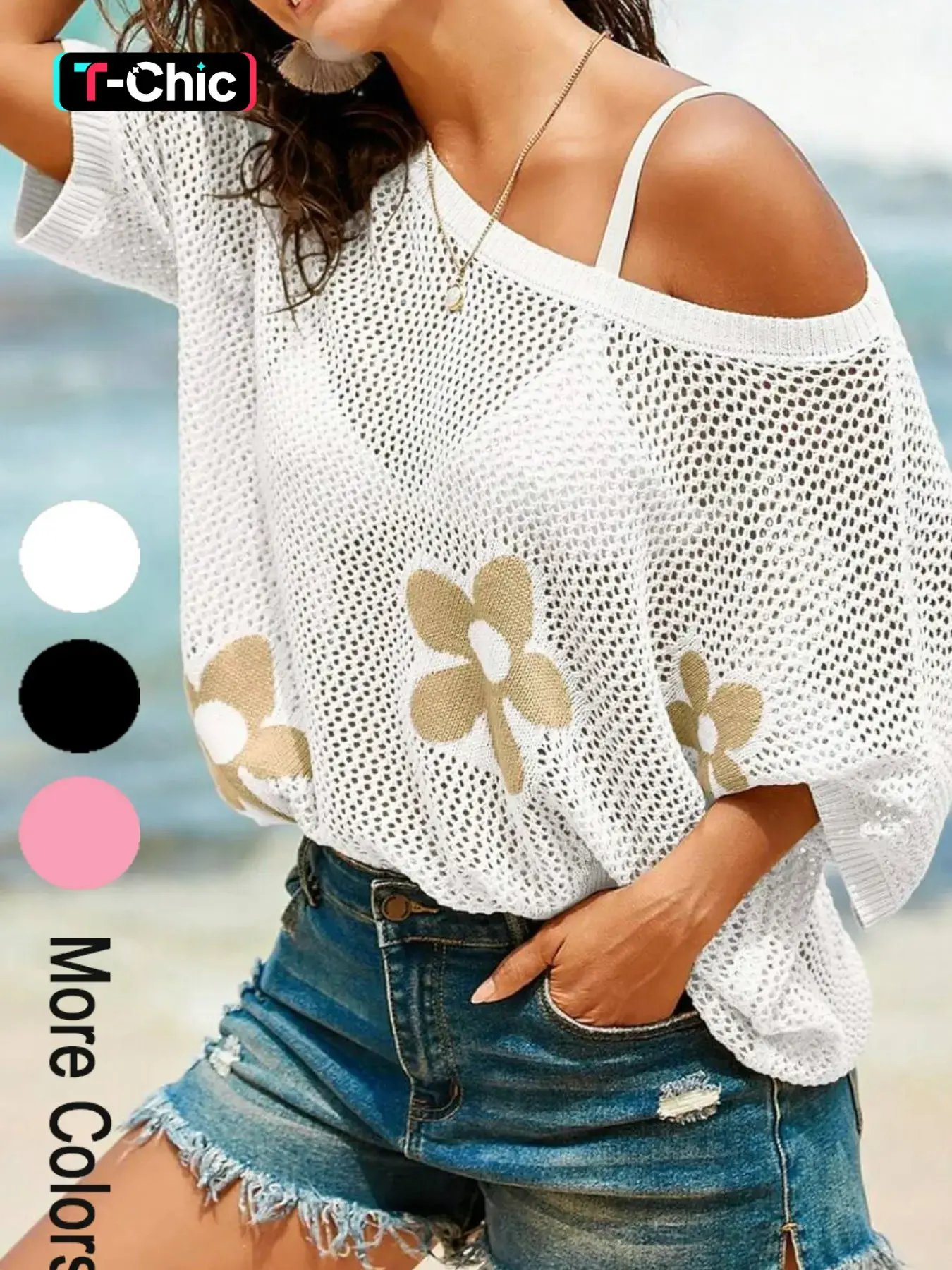 Summer Lightweight Women's Fashion Floral Big Round Neck Short Sleeve Breathable Knit Fabric Pullover, Casual Loose-Fitting Colorblock Sweater Tops, Knitwear Womenswear