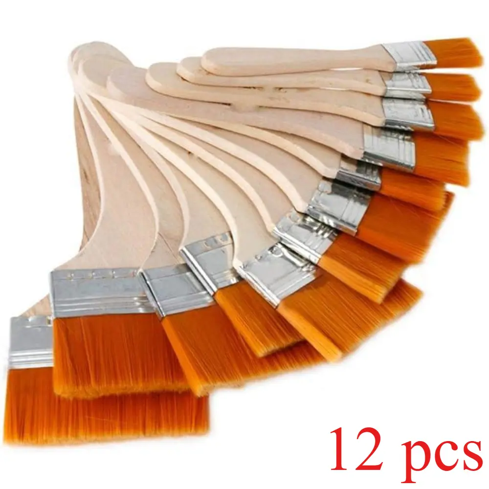 12Pcs Eco-Friendly Synthetic Flat Nylon Bristles Art Paint Brushes Set - Light Wood Grip, Assorted Sizes, Easy-Clean, Quality Control, Warm Water Wash Art Materials Tool Kit for Students, Ideal for Drawing, Oil Painting