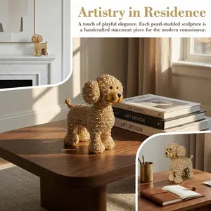 Pearl-Studded Poodle Resin Decor, Golden Finish Poodle Sculpture, Luxury Living Room Ornament, Handcrafted Dog Statue, Housewarming Gift