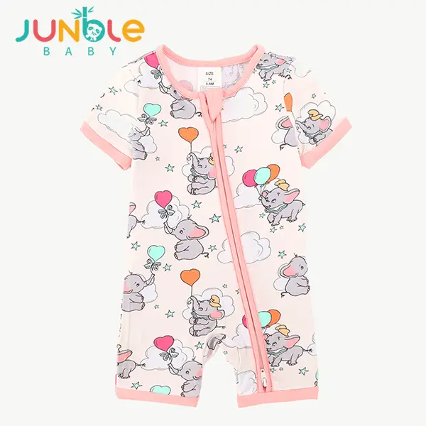JUNBLEBABY Unisex Baby Bamboo Bodysuit, Short Sleeve Romper with Animals & Star Graphic Print, Newborn Outfit with 2-Way Zipper, Bodysuit Outfit, Newborn Outfits, Animal Print, Adjustable Bodysuit